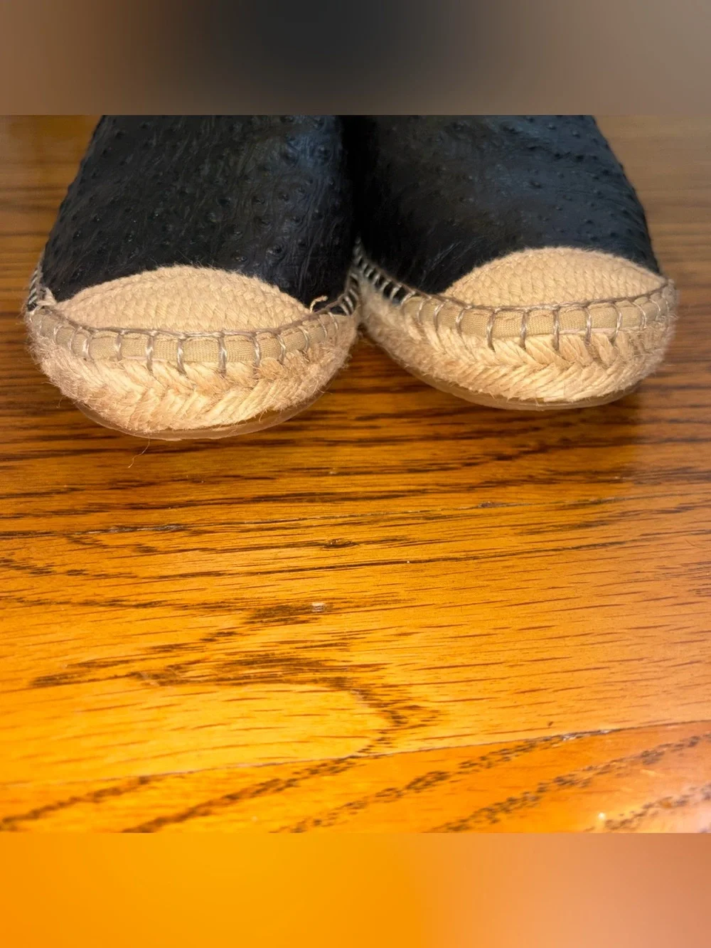 Fabiolas Black Leather Ostrich Pattern Espadrilles